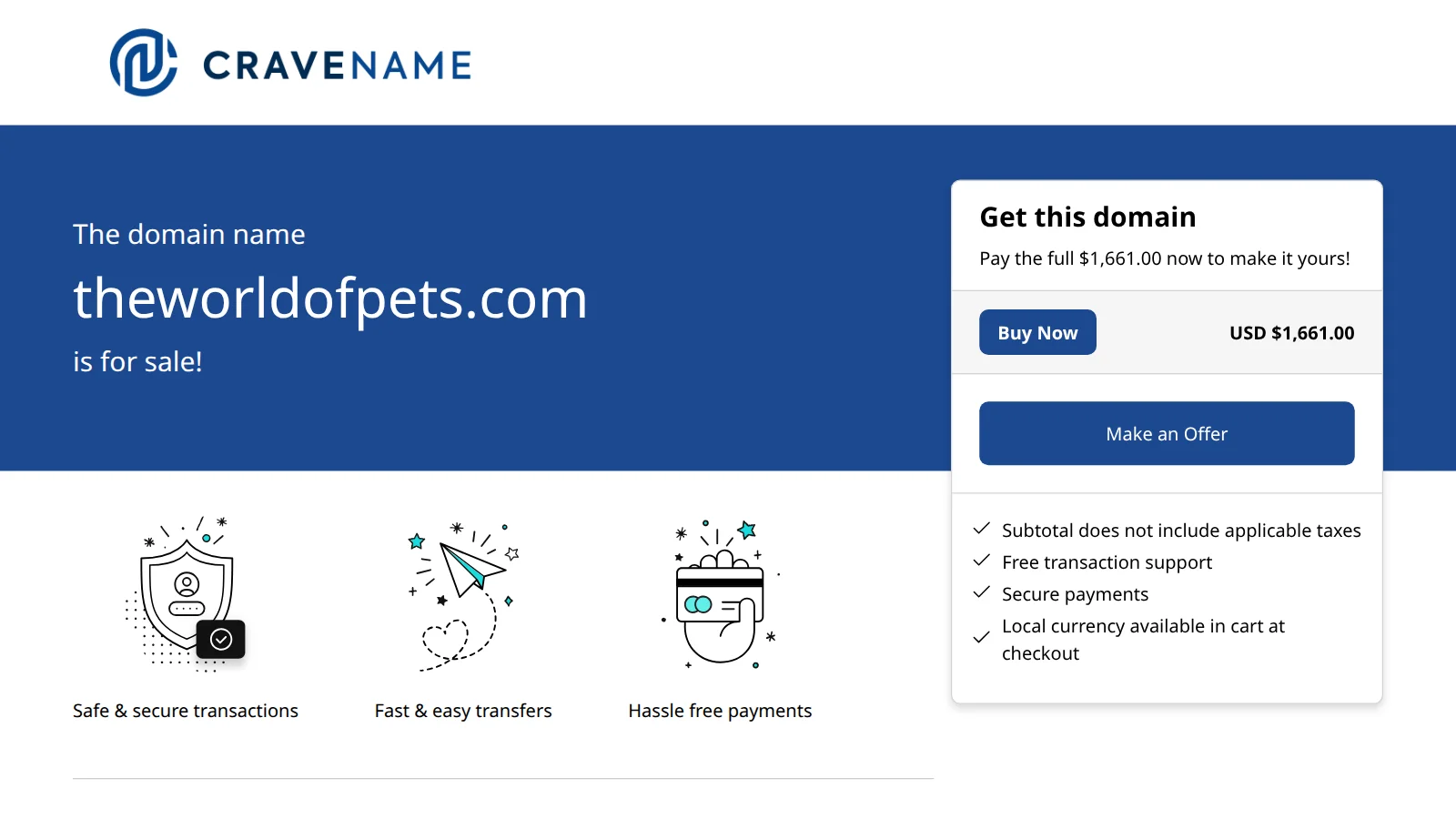 CraveName for-sale page for theworldofpets.com: the domain name on a blue banner, beside a card with a Buy Now button at USD $1,661.00 and a Make an Offer button