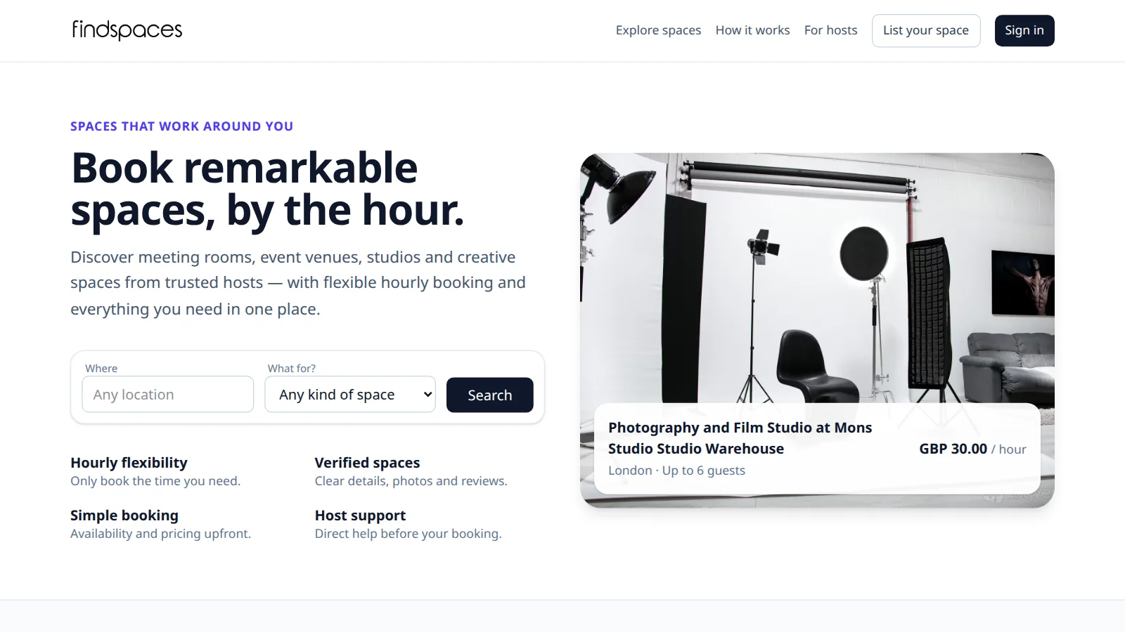 FindSpaces homepage: the headline "Book remarkable spaces, by the hour.", a search bar for location and type of space, and a London photography studio listed at GBP 30.00 an hour
